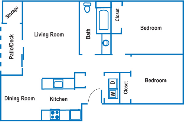 Two bedroom, one bathroom floor plan